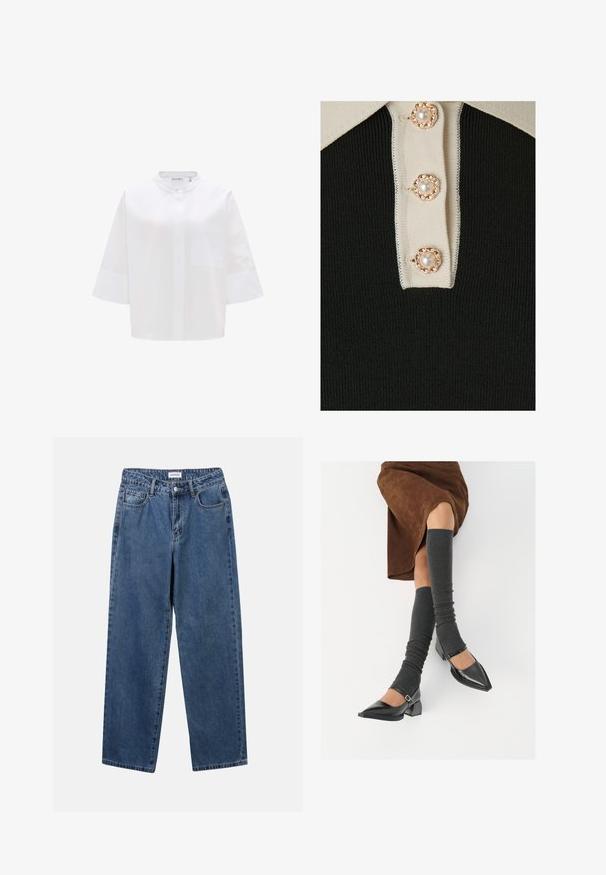 Weißes, kurzärmliges Hemd mit Knopfleiste, hohem Kragen, einer einzelnen Brusttasche und glatter Textur. Einfaches, unverziertes Design.; YAS YASMILLE - Poloshirt - black/star white; Klassische blaue Denim-Jeans mit geradem Bein, fünf Taschen und Knopfverschluss. Sie verfügen über eine mittelblau gewaschene Optik und sind aus robuster Textur.; Schwarze lacklederne spitze Schuhe mit Blockabsatz und Knöchelriemen, kombiniert mit grauen gerippten Beinstulpen und einem braunen Wildlederrock.