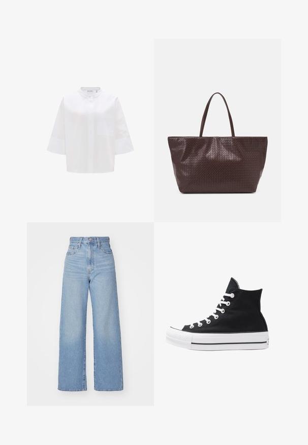 Camicia bianca a maniche corte con colletto alto, taschino sul petto e texture liscia. Design semplice e privo di decorazioni.; Jeans a vita alta blu chiaro con gamba larga, chiusura frontale con bottone e zip, tasche anteriori e posteriori, su uno sfondo bianco.; Sneaker alta nera in tela con occhielli e lacci bianchi e suola in gomma. Presenta un punta testurizzata e accenti a strisce bianche e nere.; Borsa tote in pelle intrecciata marrone con due manici, dalla forma strutturata e superficie texturizzata, caratterizzata da un motivo a diamante in tutto il suo corpo.