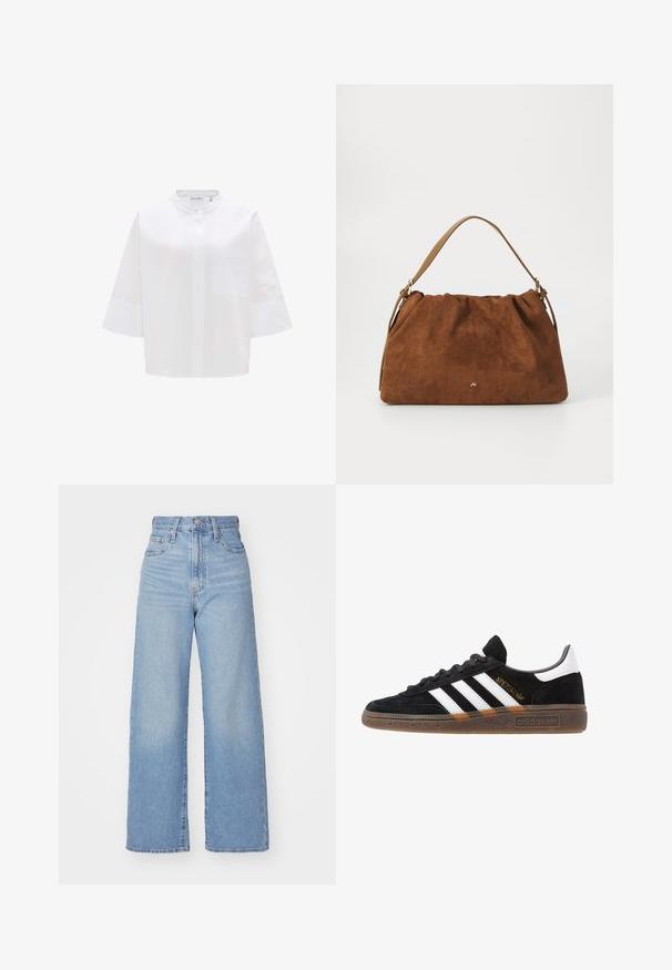Weißes, kurzärmliges Hemd mit Knopfleiste, hohem Kragen, einer einzelnen Brusttasche und glatter Textur. Einfaches, unverziertes Design.; Hellblaue High-Waist-Weite-Leg-Jeans mit Knopf- und Reißverschluss vorne, Vorder- und Rückentaschen, auf weißem Hintergrund.; Schwarzer Adidas Sneaker mit weißen Streifen, goldenem "Spezial"-Text, Gummisohle und weißem Fersenbereich, seitliche Ansicht.; Braune Wildlederhandtasche mit einem gerafften Design, ausgestattet mit einem einzelnen hellbraunen Ledertragegurt und einem subtilen goldenen Logo-Detail auf der Vorderseite.