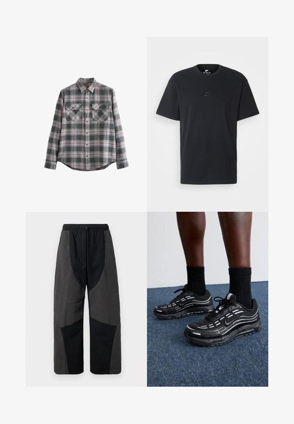 Gray plaid flannel shirt with a button-down collar, long sleeves, two chest pockets, and red and black accents on a soft texture.; Nike black cotton t-shirt with a classic crew neck, short sleeves, and a subtle, embossed logo on the chest. Smooth texture.; Fleece-accented black pants with a relaxed fit, featuring contrasting dark gray fabric panels and an adjustable drawstring waistband.; Black Nike shoes feature a mesh upper with accent stripes, textured lacing, and a black rubber sole. Worn with black ribbed socks.