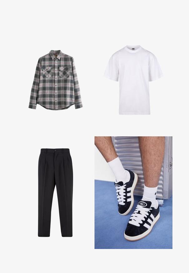 Gray plaid flannel shirt with a button-down collar, long sleeves, two chest pockets, and red and black accents on a soft texture.; White cotton t-shirt with a crew neckline, short sleeves, and a relaxed fit. Features plain design without patterns or accents.; Black trousers with a pleated front design, made from smooth fabric. Features a button closure and belt loops; straight-leg fit.; Black suede sneakers with white laces and three white stripes. Features a circular black logo on the tongue and a gum rubber sole.