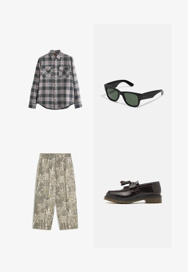 Cămașă din flanel gri cu carouri, guler cu nasturi, mâneci lungi, două buzunare la piept și accente roșii și negre pe un material moale.; Top negru fără mâneci, cu decolteu rotund și bretele late. Fabricat dintr-un material moale, având o textură netedă și un design simplu.; Pantaloni cargo cu picioare largi, în model de camuflaj cu frunze și scoarță în nuanțe de verde și bej, dotati cu buzunare frontale și bucle pentru curea.; Loafers din piele maro cu un design împletit, detalii cu franjuri și o talpă din cauciuc plată. Prezintă un finisaj neted și cusături în contrast.; Ochelari de soare rectangulari negri cu lentile verzi, finisaj mat, accente hardware subtile și logo embosat pe bradă.