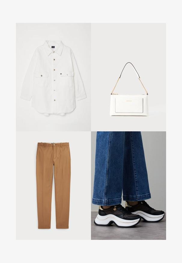 White button-up shirt made of cotton with a collared neck, two front pockets, and four buttons down the front; relaxed fit and cuffed sleeves.; Brown cotton trousers with a slim-fit design, flat front, and standard pockets; smooth texture and hemmed cuffs.; Black and gold sneakers with a curved white sole. Textured fabric with logo accents. Paired with wide blue denim pants.; White leather handbag with a textured finish, featuring a gold chain strap and black accents. Includes a front pocket and zipper closure.