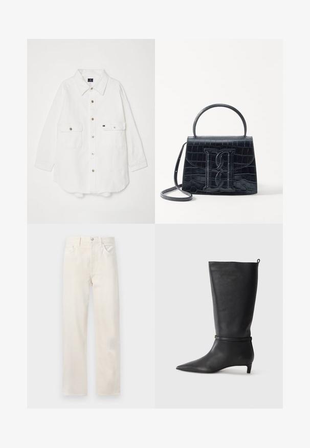 Valge puuvillane kaelusega särk, millel on kaks esimist taskut ja neli nuppu ees; lõdva lõike ja käised on mansetiga.; Kreemi valged sirged teksapüksid viie tasku, vöökohaga nööbiga ja tõmblukuga sulgemine.; Must musta põlvik, terava ninaga, millel on ümber pahkluu ümar rihm ja madal, kergelt kitsenev konts. Sile tekstuur.; Must musta krokodillimustriga nahast käekott, millel on struktureeritud disain, ülemine käepide, reguleeritav rihm ja silmapaistev esiküljel logo detail.