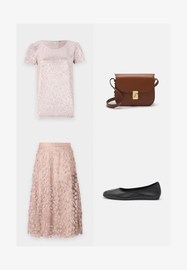 Trumpas rankovėmis, rožinė palaidinė su tekstūruota, blizgaus paviršiaus, apvaliu iškirpimu ir šiek tiek pūstomis rankovėmis, pagaminta iš lygaus audinio.; Švelnios rožinės spalvos nėrinių midi sijonas su gėlių siuvinėjimu, turintis prigludusį juosmenį ir sluoksniuotą dizainą, akcentuojantis subtilią tekstūrą.; Juodai odiniai baletai su apvaliu pirštu, lygi texture, minimalus siuvimo detales ir lanksčiu padų dizainu.; Ruda odinė rankinė su uždaromu dangteliu, aukso spalvos detalėmis, petneša ir lygiu paviršiumi. Kompaktiška stačiakampio formos.