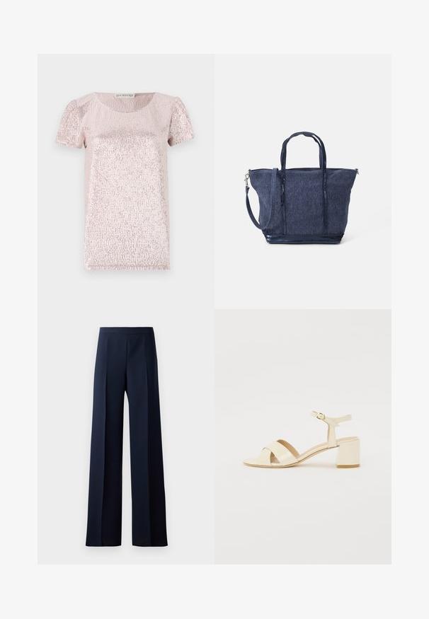 Short-sleeved, pink top with a textured, shimmering surface, round neckline, and slight puffed sleeves, made from a smooth fabric.; Wide-leg trousers in dark navy fabric, featuring a smooth texture, subtle front pleats, and a fitted waistband for a streamlined silhouette.; Beige patent leather heeled sandals with cross strap design, open toe, adjustable ankle strap, and a block heel. Smooth texture.; Navy denim tote bag with dual handles, detachable strap, zip closure, and textured finish; features a structured, spacious design.
