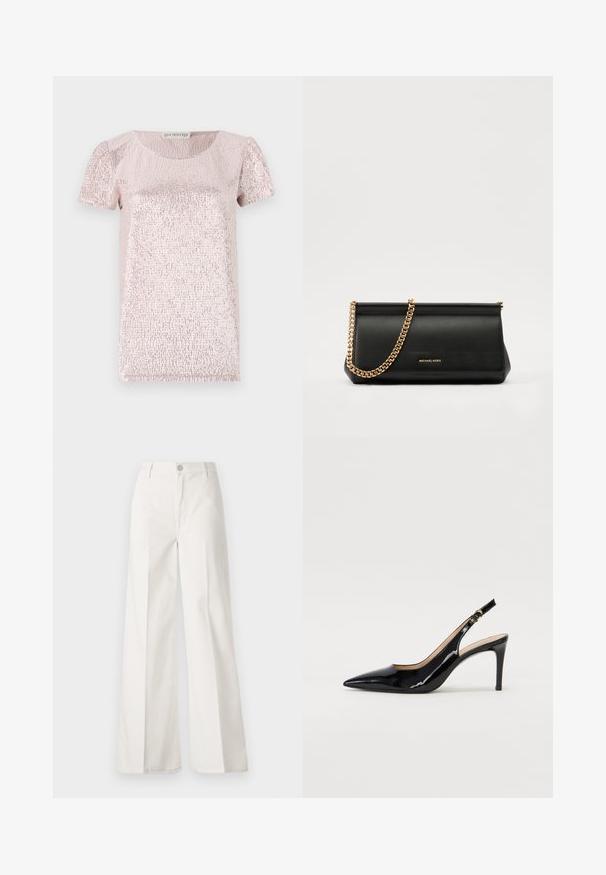Majica kratkih rukava, ružičaste boje, s teksturiranom, sjajnom površinom, okruglim izrezom i lagano napuhanim rukavima, izrađena od glatkog materijala.; Bijele široke hlače izrađene od pamuka s glatkom teksturom. Imaju prednji gumb, patentni zatvarač i dizajn s četiri džepa.; Crne lakirane slingback cipele s oštrim vrhom, uskim potpeticama i suptilnim izrezom. Sadrže zlatnu kopču na traku.; Crna kožna torbica sa zlatnim lančićem, koja se odlikuje glatkom teksturom, pravokutnim oblikom i utisnutim brendom na prednjoj strani.