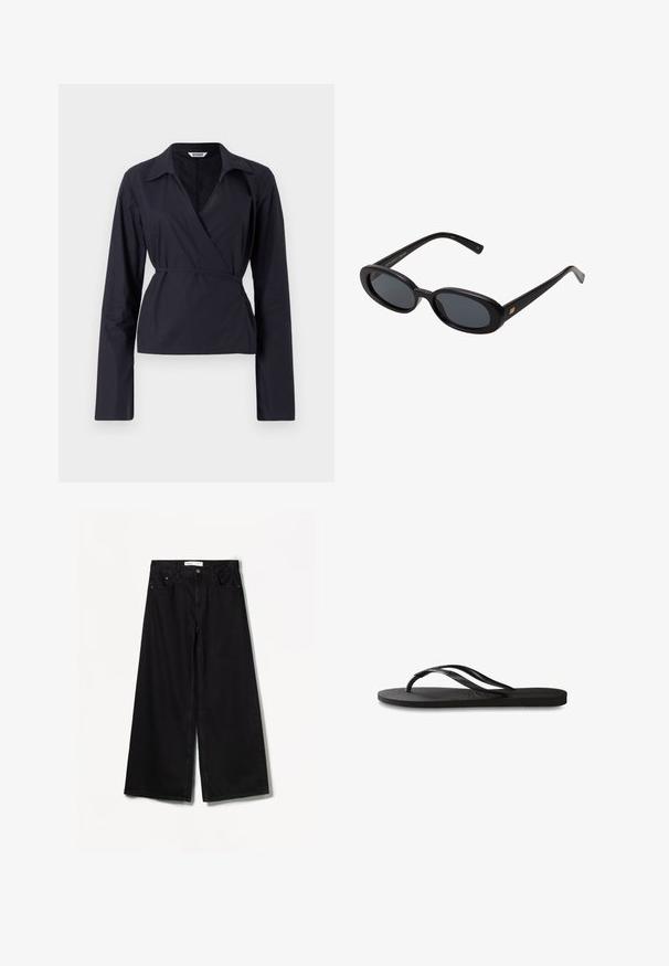 Sort indpakningsbluse lavet af letvægtsstof. Har lange ærmer, en krave og en bundet talje for en tætsiddende silhuet.; Bershka WIDE-LEG - Wide leg - black; Sorte flip-flop med en tekstureret gummisål, to slanke stropper og et subtilt, præget logodetalje på stroppen.; Store store