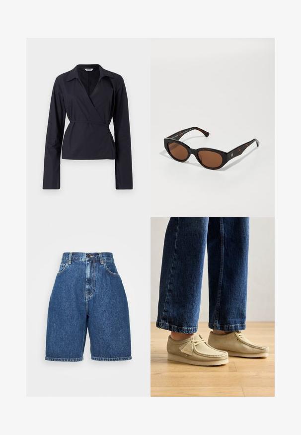 Schwarzes Wickeloberteil aus leichtem Stoff. Verfügt über lange Ärmel, einen Kragen und eine geknotete Taille für eine figurbetonte Silhouette.; Jeans-Shorts mit hoher Taille in dunkelblauer Farbe. Classic Five-Pocket-Stil, gerader Schnitt und umgeschlagener Saum. Aus Baumwollmaterial.; Beige Wildlederschuhe mit runden Zehen und niedrigem Profil. Mit Schnürdesign und gesteppten Akzenten. Getragen mit gekürzten blauen Jeans.; Schwarze Schildpatt-Sonnenbrille mit braunen Gläsern, eckigem Design und breiten Bügeln, die ein dezentes Logo-Detail aufweisen. Glatte Kunststoffoberfläche.