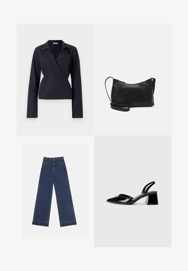 Schwarzes Wickeloberteil aus leichtem Stoff. Verfügt über lange Ärmel, einen Kragen und eine geknotete Taille für eine figurbetonte Silhouette.; Weite Jeans in dunkelblauem Denim. Verfügt über fünf Taschen, Gürtelschlaufen und einen rohen Saum am unteren Ende mit sichtbaren Nahtdetails.; Schwarze Lackleder-Slingback-High Heels mit spitzem Schuh und einem geometrischen Blockabsatz. Verfügt über ein schlankes, minimalistisches Design und eine glatte Textur.; Schwarze Ledertasche für die Schulter mit glatter Textur, geschwungener Form, verstellbarem Tragegurt und Reißverschluss. Minimalistisches Design ohne Verzierungen.