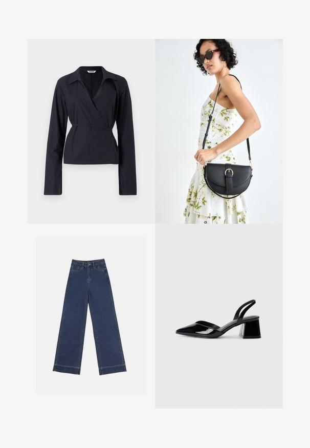 Schwarzes Wickeloberteil aus leichtem Stoff. Verfügt über lange Ärmel, einen Kragen und eine geknotete Taille für eine figurbetonte Silhouette.; Weite Jeans in dunkelblauem Denim. Verfügt über fünf Taschen, Gürtelschlaufen und einen rohen Saum am unteren Ende mit sichtbaren Nahtdetails.; Schwarze Lackleder-Slingback-High Heels mit spitzem Schuh und einem geometrischen Blockabsatz. Verfügt über ein schlankes, minimalistisches Design und eine glatte Textur.; Schwarze Lederhandtasche mit geschwungener Form, abnehmbarem Tragegurt und goldenen Beschlägen. Die Tasche verfügt über einen Deckel mit einer Schnallen-Details.