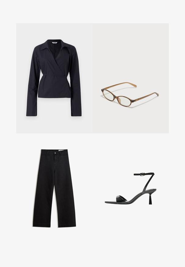 Top avvolgente nero realizzato in tessuto leggero. Presenta maniche lunghe, colletto e vita legata per una silhouette aderente.; Pantaloni in denim neri a gamba larga con vita alta, dotati di tasche anteriori e posteriori, cuciture a punto, e chiusura con bottone. Texture liscia.; Bershka Sandali con tacco - black; Occhiali tortoiseshell marroni con lenti ovali, aste sottili e dettagli trasparenti. Presentano un logo sottile sulla tempia. Design elegante e leggero.