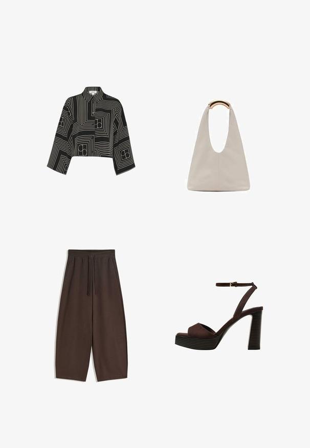 Crna skraćena košulja s geometrijskim uzorkom bijelih linija, s kopčanjem sprijeda i ovratnikom, s rukavima do tri četvrtine.; Smeđe hlače širokih nogavica od mekanog materijala, s elastičnim pojasom i vezicom, glatke teksture i čistog dizajna.; Smeđe zamšaste sandale s visokim potpeticama, otvorenim prstima, podesivom trakicom oko gležnja i prugastom platformom.; Svijetlosivi kožni torba s oblikom u slovo U i zakrivljenim metalnim drškom. Glatka tekstura s minimalnim šavovima i bez vidljivih uzoraka.