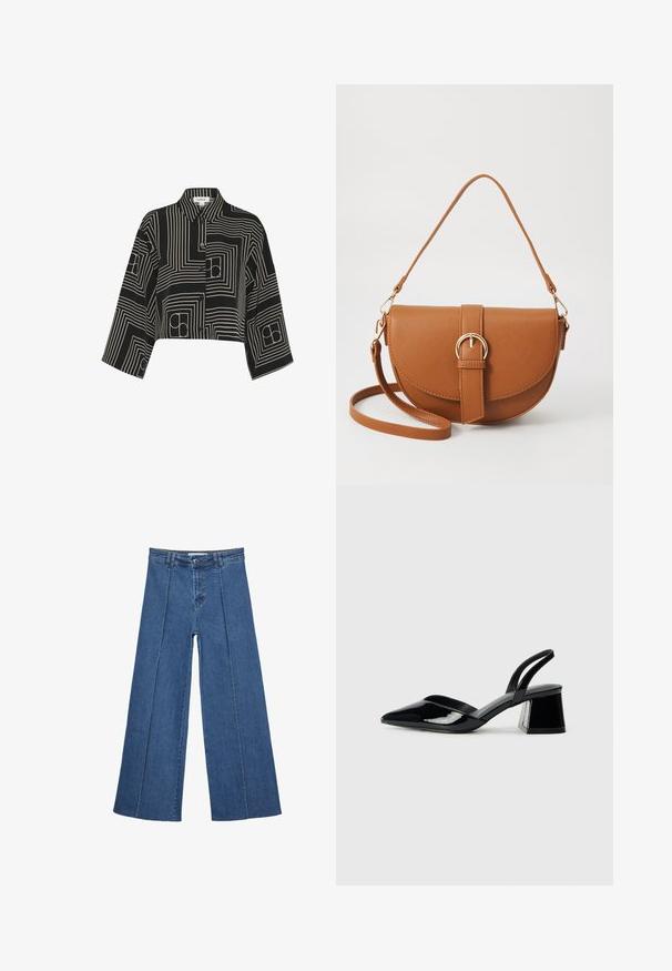 Sort cropped skjorte med et geometrisk mønster i hvid, knaplukning fortil og krave med trekvartlange ærmer.; Bredde ben denim jeans i mellemblå, med høj talje, knaplukning og kontrasterende lodrette sømdetaljer foran.; Sorte patentlæder slingback hæle med spids tå og en geometrisk blok hæl. Har et elegant, minimalistisk design og en glat tekstur.; Brun læder crossbody taske med en buet form, guldfarvet hardware og en spændeaccent. Har en aftagelig skulderrem.