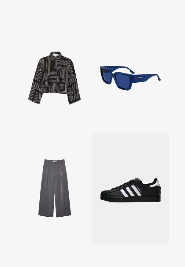 Black cropped shirt featuring a geometric white line pattern, button-up front, and collared neck with three-quarter length sleeves.; Pleated wide-leg trousers in a dark gray fabric with a subtle texture. Features a button closure and a classic waistband design.; Black Adidas Superstar sneaker with white stripes, shell toe, and "Superstar" text on side, shown in side profile on white background.; Blue sunglasses with a chunky plastic frame, square lenses, and a slight gradient. Brand name "KARL LAGERFELD" on the temple.; Black leather handbag with a curved shoulder strap, smooth texture, rectangular shape, zip closure, and silver hardware accents.