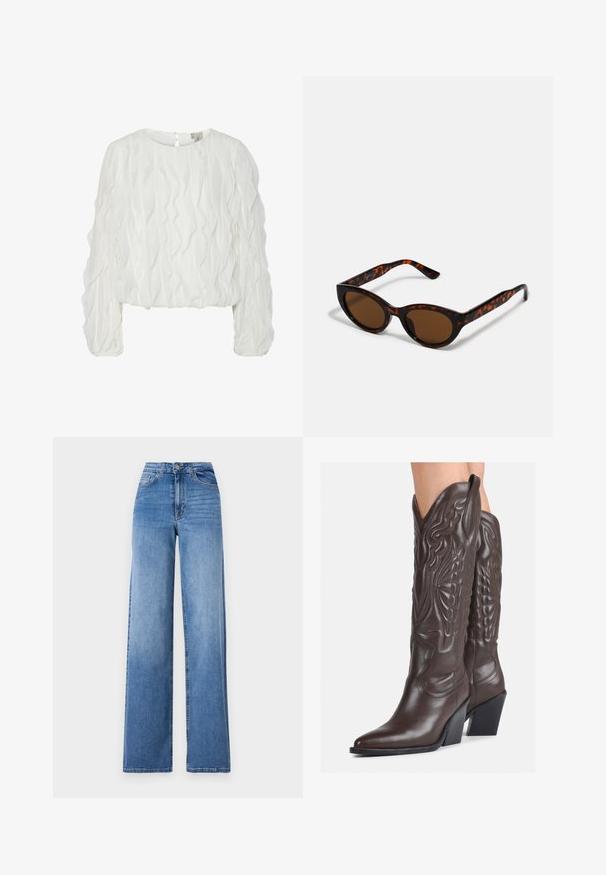 Weiße Bluse mit langen Ärmeln, strukturiertem, welligem Muster und rundem Ausschnitt; Schlüssellochverschluss auf der Rückseite; leicht verkürzte Passform.; Helleblaue, weit geschnittene Jeans aus Denim mit hoher Taille, Vorderaschen und einem normalen Knopfverschluss. Glatte Textur.; Braune Leder-Cowboy-Stiefel mit spitzem Punkt und Blockabsatz, die über detaillierte Stickereien und hervorgehobene Akzente am Schaft verfügen.; Braune Schildpatt-Sonnenbrille mit einer Vintage-Cat-Eye-Form und braunen Gläsern. Verfügt über gebogene Bügel mit roten Akzenten.; Silberne Creolen mit minimalistischem Design. Rundform, glatte Oberfläche und dünnes Profil. Leichtgewichtig mit hochglänzender Oberfläche.