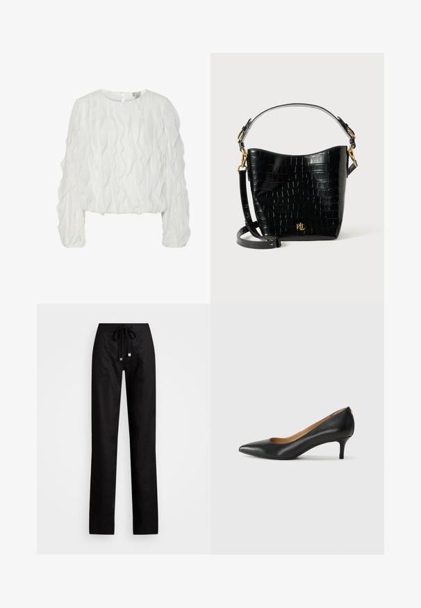 Valge pikade varrukatega pluus tekstuurse lainelise mustriga ja ümmarguse kaelusega; tagant avanev auk; veidi lühendatud lõige.; Mustadest linastest pükstest otsejalga disainiga, millel on paelad ja kaks külgtaskut. Sile tekstuur minimalistliku esteetikaga.; Must musta musta, millel on terav nina, madal konts ja sile tekstuur. Omab pisut avatud osa ees ja minimaalset riistvara taga.; Mustad krokodillimustriga must nahast kott, millel on kõver kuju, kuldse riistvara aktsessid, reguleeritav rihm ning logodetail esiosas.