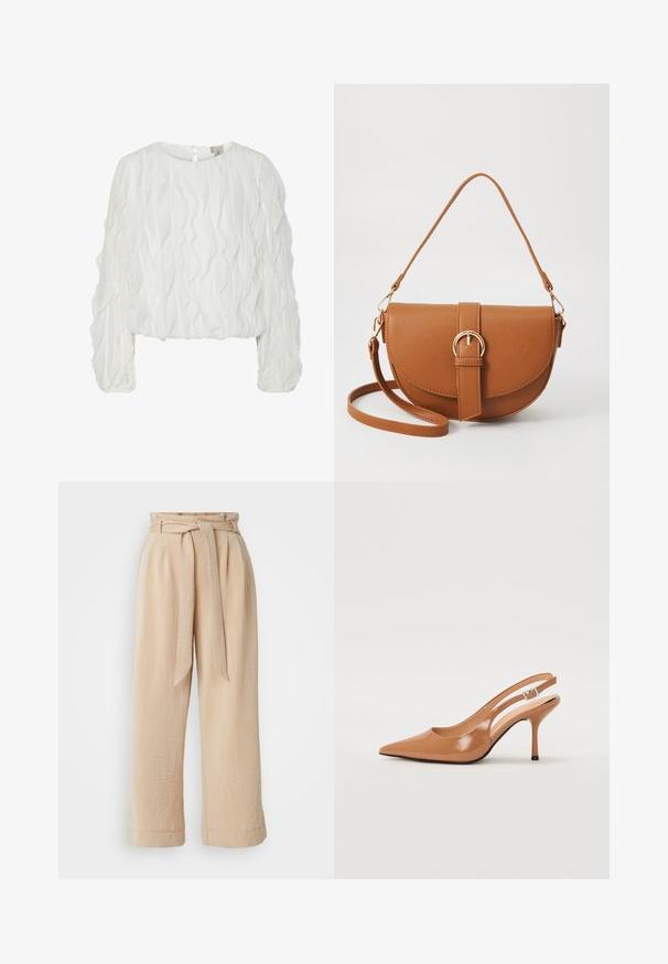 White long-sleeve blouse with textured, wavy pattern and round neckline; keyhole closure at back; slightly cropped fit.; Beige wide-leg trousers with a belted waist, made of textured fabric. Features a front pleat and a smooth finish along the hem.; Pointed toe slingback heel in a smooth, glossy tan material. Features a curved cutout design and a slender stiletto heel. Silver buckle detail.; Brown leather crossbody bag with a curved shape, gold hardware, and a buckle accent. Features a detachable shoulder strap.