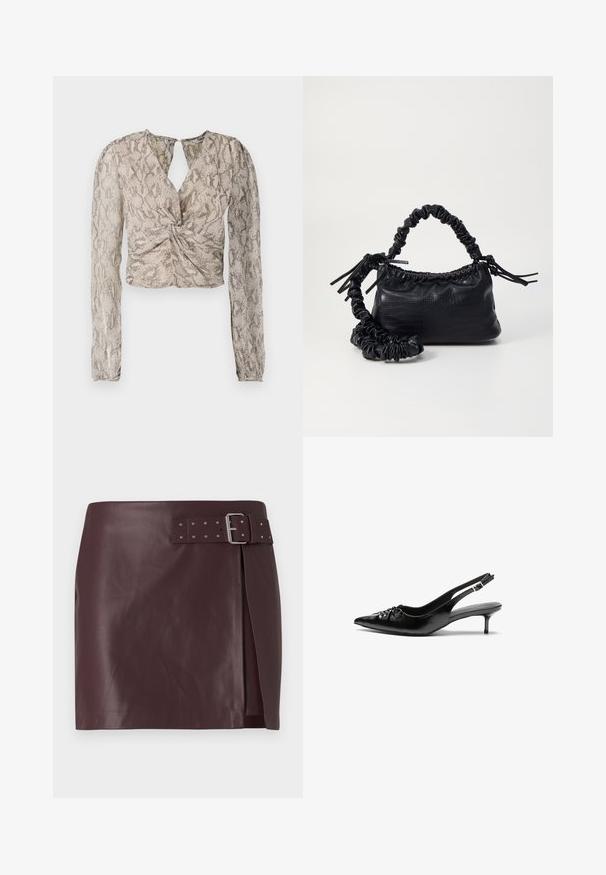 Top curto com mangas longas, apresentando uma frente torcida, um padrão de pele de cobra em tons de bege e cinza, e um decote em forma de gota.; Saia de pele sintética bordô com cintura cintada e fivela metálica, apresentando uma fenda lateral e uma textura suave e brilhante.; Sapatos de salto alto slingback em couro preto com bico fino, pequeno salto kitten e um detalhe decorativo em forma de nó na parte da frente. Textura suave em toda a parte.; Bolsa de mão em couro sintético preto com textura de crocodilo, topo franzido e alça enrugada. Apresenta um design suave e compacto.