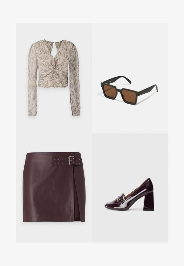 Lühike pluus pikkade varrukatega, millel on keeratud esiosa, nahkmustriga halli ja beeži tooni ning kaelus, millel on võtmeaugu kujundus.; Burgundia faux nahkseelik, millel on vöökohaga ja metallist sõlg, külgmise lõhikuga ja sileda, poleeritud tekstuuriga.; Läikivad sügavlilla kõrge kontsaga loafereid, millel on ümar varvas ja kuldse tooni lukudetail ülaserval.; Must mustad prillid pruunide läätsedega, millel on matt viimistlus ja kuldsed aktsendid raami peal. Disain on nurkne laia varrega.