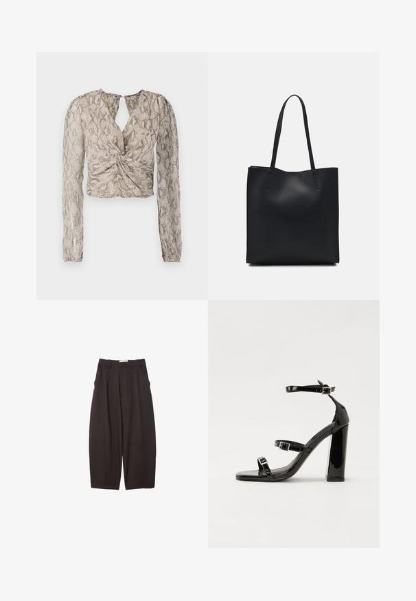 Kratka bluzica z dolgimi rokavi, ki ima zvit sprednji del, vzorec kačjega usnja v odtenkih bež in sivo ter dekolte v obliki ključavnice.; Črne široke hlače iz gladkega materiala, z visokim pasom, zgornjimi pregibi in stranskimi žepi. Preprost dizajn brez okrasnih elementov.; Črne lakirane sandale s peto, kvadratnim prstom, trakovi okrog gležnja in srebrnimi zaponkami. Opremljene so s stabilno Debelo peto.; Črna usnjena torba s svilnato teksturo, pravokotne oblike in dvema dolgima ročajema. Brez vidnih metalnih delov ali okrasnih elementov.