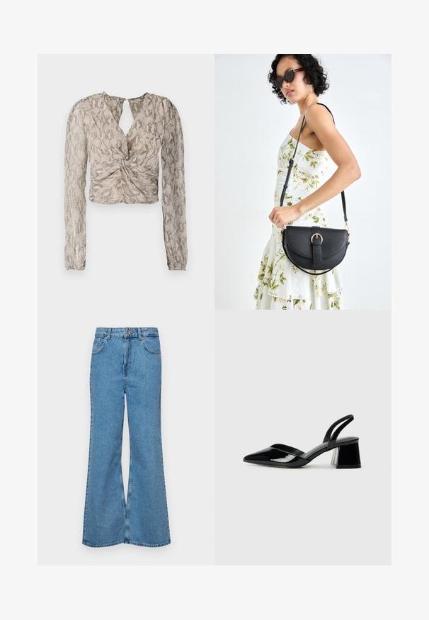 Bluză scurtă cu mâneci lungi, având un front răsucit, un model cu piele de șarpe în nuanțe de bej și gri și un decolteu cu deschidere în formă de cheie.; Jeanși evazați de culoare albastru deschis, din denim, cu talie înaltă, cinci buzunare și închidere cu un singur buton. Textură moale cu un finisaj decolorat.; Pantofi cu toc slingback din piele lacuită neagră, cu vârf ascuțit și toc geometric. Prezintă un design elegant, minimalist și o textură netedă.; Geantă din piele neagră, cu o formă curbată, curea detașabilă și accesorii aurii. Geanta are un capac cu un detaliu tip cataramă.