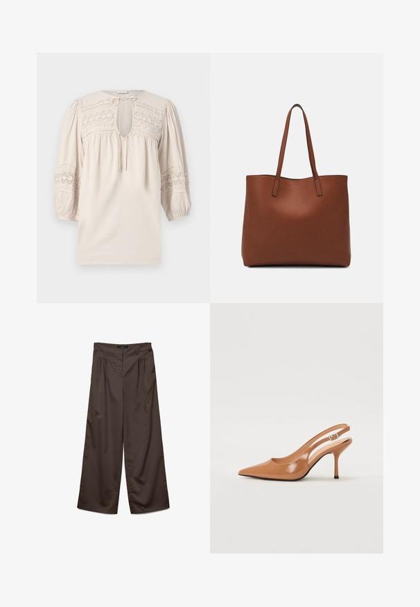 Világos bézs blúz kerek nyakkivágással, puffos ujjakkal és hímzett csipke részletekkel. Kulcslyukas nyitással és texturált anyaggal rendelkezik.; Sötétbarna, sima textúrájú, bővített nadrágok. Jellemzői között szerepelnek az elöl található redők és a klasszikus derékbőség.; Fingerszűk, hegyes orrú, háttámlás sarokcipő sima, fényes barnás anyagból. Íves kivágású dizájn és karcsú stiletto sarkú. Ezüst csattal ellátva.; Barna bőr vászontáska sima textúrával, nyitott tetejű dizájnnal és két vállpánttal. Minimális varrással és látható hardver nélkül készült.