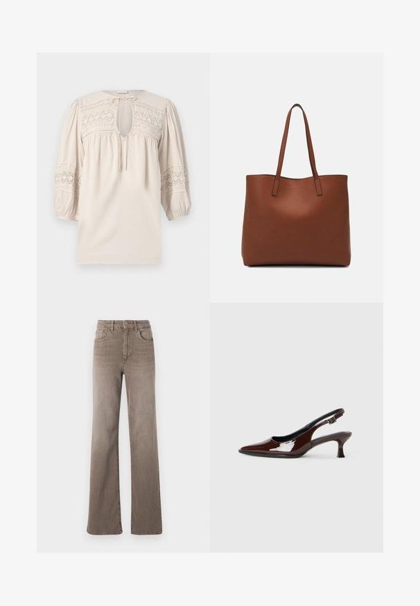 Svetlo bež bluzica s okruglim izrezom, nabranim rukavima i vezenim čipkastim detaljima. Ima otvaranje u obliku ključanice i teksturiranu tkaninu.; Rjavi visoki naramnice z ravnimi hlačnicami in sprednjim gumbom, z zanko za pas in klasičnim petim žepnim dizajnom na beli podlagi.; Rjavi lakirani slingback čevelj z ostro konico in zmerno peto. Ima zaponko za varno prileganje. Gladka tekstura.; Rjava usnjena torba z gladko teksturo, odprto zasnovo zgoraj in dvema naramnima trakovoma. Opremljena je z minimalnim šivanjem in brez vidnih kovinskih delov.