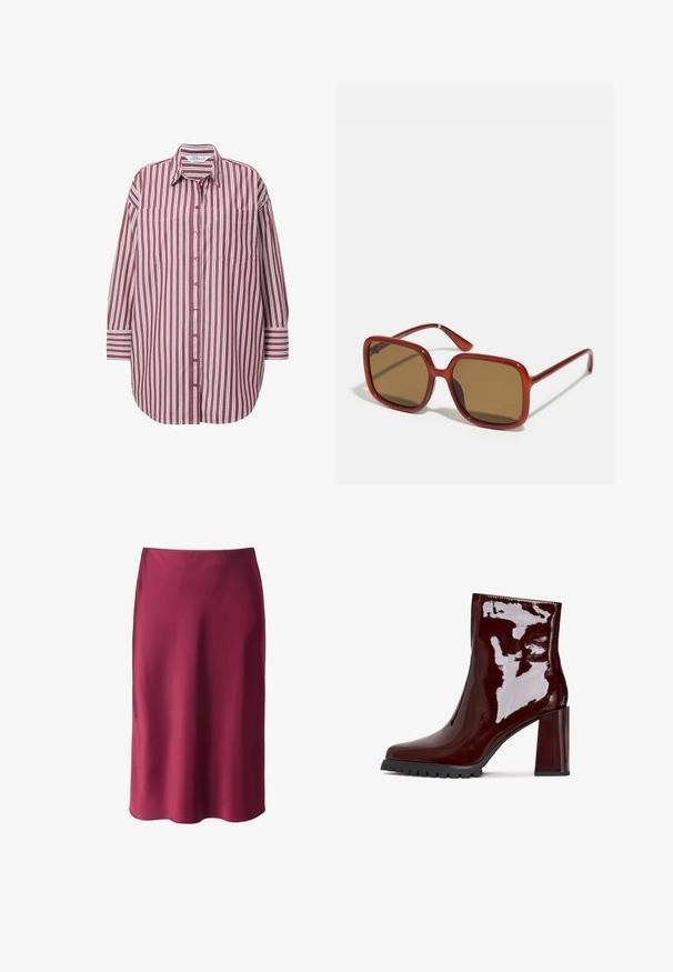 Gestreiftes Hemd mit maroon-weißen vertikalen Streifen, Knopfleiste vorne und zwei Brusttaschen. Lange Ärmel mit gestreiften Manschetten.; Burgunderfarbener Satinrock mit glatter Textur, geradem Schnitt, mittellang und mit subtiler glänzender Oberfläche. Keine sichtbaren Muster oder Hardware-Details.; Glänzende burgunderfarbene Ankle Boots mit quadratischer Spitze, klobigem transparentem Absatz und strukturiertem schwarzen Sohlen. Glatte Oberfläche mit hochglänzendem Finish.; Rote quadratische Sonnenbrillen mit braun getönten Gläsern. Dicke, glänzende Rahmen und schlanke Bügel mit kleinen Details an der Seite für visuelles Interesse.