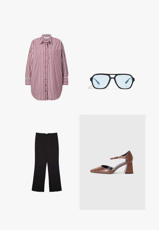 Pruhovaná košile se vínovými a bílými vertikálními pruhy, s knoflíkovým zapínáním vpředu a dvěma náprsními kapsami. Dlouhé rukávy s pruhovanými manžetami.; Černé kalhoty s rovným střihem, s předními kapsami a bočními rozparky na lemu. Vyrobené z jemné, hladké tkaniny. Vhodné na různé příležitosti.; Hnědé lakované dámské lodičky se čtveratou špičkou, texturovaným krokodýlím vzorem, kotníkovým páskem se zlatou přezkou a masivním podpatkem.; Černé sluneční brýle s obdélníkovými rámy, modře zabarvenými skly a charakteristickým tvarem nosníku. Elegantní povrch, decentní textura.; Hnědá kožená taška se sbíraným vrškem a řetízkovým popruhem. Hladký povrch s lesklým finišem a jemným švem na bocích.