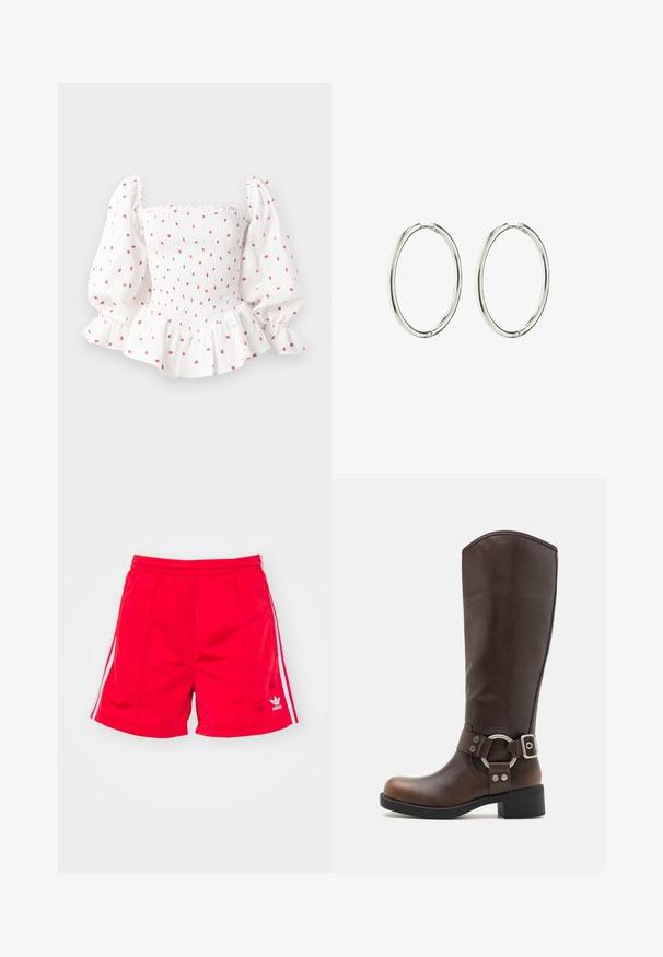 Bela bluza z gubico na prsih, napihnjenimi rokavi in volanastim robom. Okrašena z majhnimi rdečimi pikami. Iz bombažnega materiala z mehkobo na otip.; Rdeče športne kratke hlače z elastičnim pasom, ki imajo bele stranske črte in izvezen logotip na spodnjem levem delu. Gladek tekstur.; Rjavi usnjeni škornji do kolen z okroglo kovinsko opremo in zaponko. Rahlo teksturiran zgornji del, stebričast pet in okrogla oblika konice.; Srebrni uhani obroči z gladko, polirano površino. Okrogla oblika, lahka zasnova, ki vključuje varen sistem zapiranja.