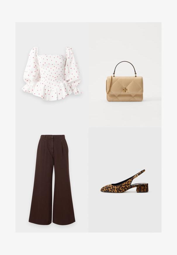 Valge pluus smockimisega bodi, puhvusvarrukate ja volangiga alläär. Kaunistatud väikeste punaste täppidega. Õrnast puuvillast materjalist.; Kõrge vöökoht, laiad pruunid püksid nupuga ja tõmblukuga, vöörihmadega ning ees olevate voltidega.; Naiste leopardimustriga slingback-kingad madala blokkninahaga ja kuldse klambriga külgjah. Kujutatud külgprofiilis lihtsal taustal.; Kvaliteetne beež nahkst kandekott, millel on kuldne riistvara, ketirihm ja ülemine käepide. Omab esipaneeli ja allkirjalogo detaile.