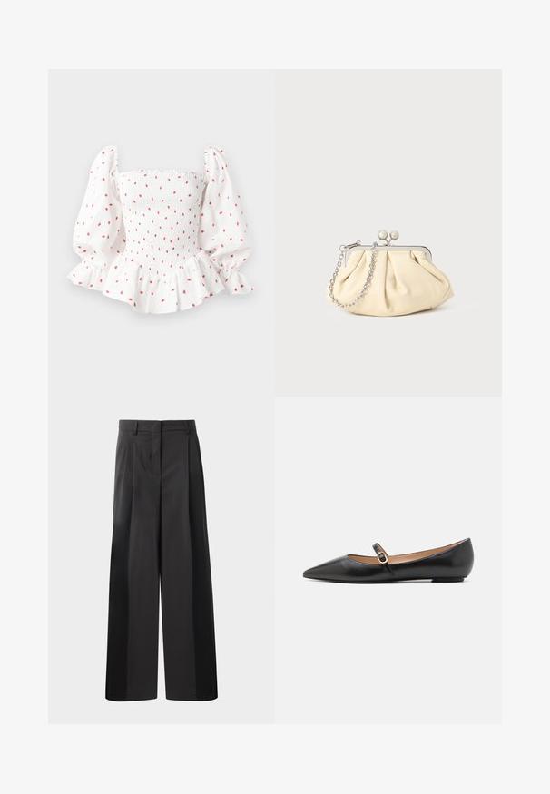 Hvit bluse med smocket liv, puffermer og volangkant. Mønstret med små røde prikker. Laget av bomull med en myk tekstur.; Sorte vidde bukser med høy midje, med frontfolder, en glatt tekstur og en skreddersydd finish. Designet for en avslappet passform.; Sorte læderballetsko med spids tå og en sidelås med en cirkulær guldfarvet detalje. Letvægtig med flad sål.; Foliebeige lærveske med plisseringer og en sølvmetalramme, med to runde dekorative låser og en sølvkjede.