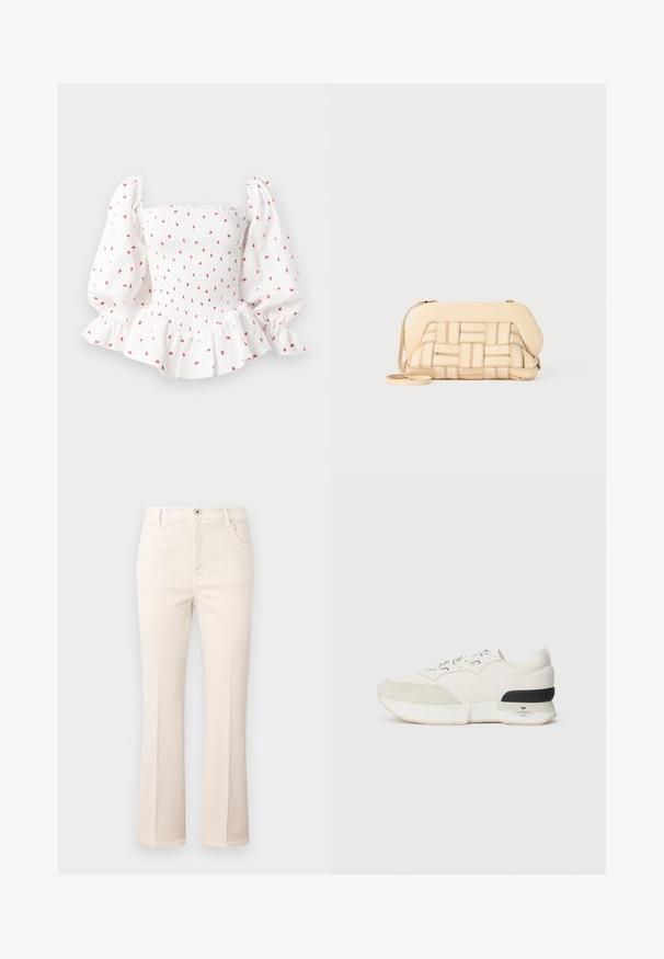Weißes Bluse mit gerafftem Oberteil, puffärmel und rüschen Saum. Mit kleinen roten Punkten gemustert. Aus Baumwollmaterial mit einer weichen Textur.; Beige Schlagjeans aus Baumwolle mit hoher Taille, fünf Taschen, Knopfverschluss und dezenten Steppdetails.; Weißer Sneaker mit einer strukturierten Wildleder-Zehenkappe, glattem Mesh-Obermaterial, dekorativen Schnürsenkeln und einem schwarzen Gummibezug an der Ferse.; Gewebte beige Handtasche mit strukturiertem Design, ausgestattet mit einer glatten Oberseite und einem langen Tragegurt. Texturierte Details verbessern das Gesamtbild.