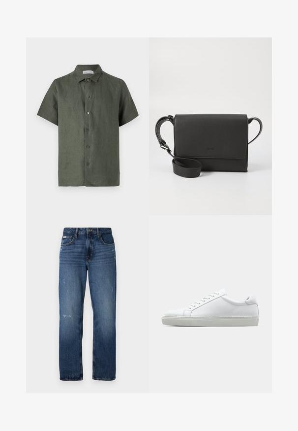 Tamsiai žalia lino marškinėliai trumpomis rankovėmis su priekine mygtukų uždarymo sistema, smailiu apykakle ir tiesiu apatine dalimi. Yra penki priekiniai mygtukai.; Mėlynos džinsinės kelnės su tiesiu klešnių dizainu. Yra šiek tiek nusidėvėjimo ir šviesių dėmių priekyje, su klasikiniu uždarymu mygtuku.; Baltas sportinis batelis su lygiu odiniu paviršiumi ir žemu profiliu. Turi suapvalintą pirštą, šešis akių skyrius ir tekstūruotą gumos padą.; Juodas odinis per petį nešiojamas krepšys su tekstūruota apdaila, stačiakampio formos, su užsegimu ant dangtelio, reguliuojama juosta ir subtiliu logotipo akcentu.