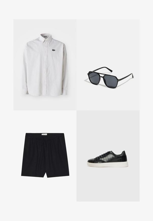 White long-sleeve shirt with thin gray vertical stripes. Features a button-down collar and a small black logo on the left chest.; Black, elastic waist shorts with a drawstring, featuring a smooth texture and straight cut, suitable for casual wear.; Black sneakers featuring a textured croc-embossed leather upper, rounded toe, and a contrasting white rubber sole with a smooth finish.; Black sunglases with octagonal frame, dark lenses, glossy finish, thin temples, and gold accents on the front.