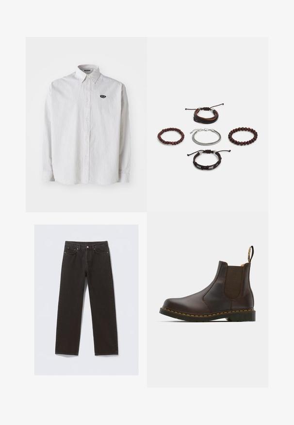 Hvit skjorte med lange ermer og tynne grå vertikale striper. Har krage med knapper og en liten svart logo på venstre bryst.; Svarte denimjeans med rett ben-design, fem lommer og kobberfarget søm. Glatt tekstur, klassisk knappefeste i midjen.; Brune lær Chelsea støvle med elastiske sidepaneler, teksturert hæl og kontrastfarget gul søm. Har en løfletapp for enkel påkledning.; Sett med fem armbånd som inkluderer brunt lær, treperler og en sølvkjede; ulike teksturer og former, med justerbare lukkinger.