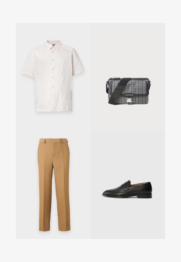 Lühikeste varrukatega särk heledast beežist kangast, millel on nööpidega esiosa, tagasihoidlik krae ja lihtsad õmblused külgedel.; Beige dressipüksid, mis on valmistatud kootud kangast, sirge lõikega, lapikud ees ja vöökohaga silmad. Sujuv tekstuur, ilma nähtavate mustriteta.; Must musta loafers ümarate varvastega, peene tikandiga ja madala kontsaga, millel on sile tekstuur ja minimalistlik disain.; Mustritud must-valge ristkeha kott, millel on geomeetriline disain, lukuga sulgemine ja hõbedase tooni detailid. Kompaktne reguleeritav rihm kaasas.