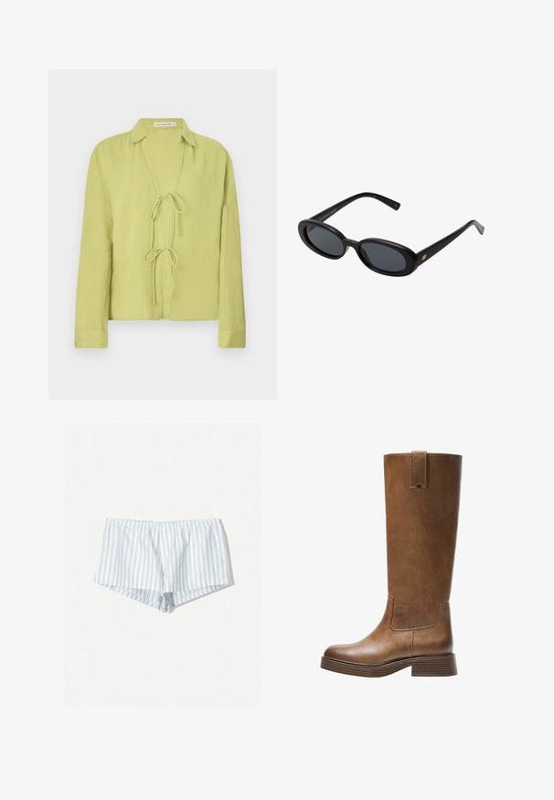 Camicia verde chiaro a maniche lunghe, realizzata in tessuto stropicciato. Presenta una parte anteriore senza bottoni con chiusura a nodo e un colletto.; Pantaloni corti bianchi con strisce blu, vita elasticizzata e vestibilità rilassata. Presenta un dettaglio con bottone sulla parte anteriore e una texture di tessuto morbido.; Stivale marrone in pelle alto fino al ginocchio, con punta tonda, superficie testurizzata e tacco basso impilato. Presenta un pannello laterale e una linguetta di apertura in cima.; Occhiali da sole neri oversize con lenti ovali, montatura in plastica liscia e accenti dorati sulle tempie. Le lenti scure offrono protezione dal sole.