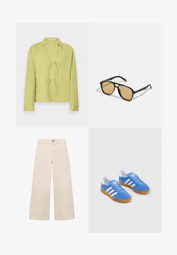 Jasnozielona, długa koszula z długimi rękawami, wykonana z pomarszczonego materiału. Posiada przód bez guzików z zapięciem na sznurek oraz kołnierzyk.; Spodnie o szerokich nogawkach w jasnym beżowym kolorze z bawełny, z zapięciem na guzik, subtelnym postrzępionym dołem oraz luźnym krojem.; Niebieskie zamszowe buty sportowe z białymi paskami, gumową podeszwą i wyściełanym kołnierzem dla większego komfortu. Posiadają klasyczny sznurowany design.; Czarne okulary przeciwsłoneczne z brązowymi szkłami; prostokątny kształt z grubą oprawą, z delikatnymi akcentami na zausznikach.