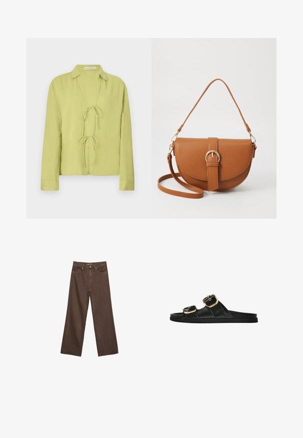 Vaaleanvihreä, pitkähihainen paita, joka on valmistettu rypistyneestä kankaasta. Siinä on napittamaton etuosa, jossa on nauhakiinnitys ja kauluspainatus.; Leviittävät ruskeat farkut, jotka on valmistettu denimistä, korkea vyötärö, etutaskut ja klassinen nappikiinnitys. Silkkinen pinta hienovaraisella ompelutyöllä.; Musta liukusandaali, jossa on kaksi kultaisesta solkesta tehtyä korostusta, sileäpintainen materiaali, litteä pohja ja minimalistinen muotoilu.; Ruskean nahkainen olkalaukku, jossa on kaareva muoto, kultaiset yksityiskohdat ja solkiyksityiskohta. Varustettu irrotettavalla olkahihnalla.