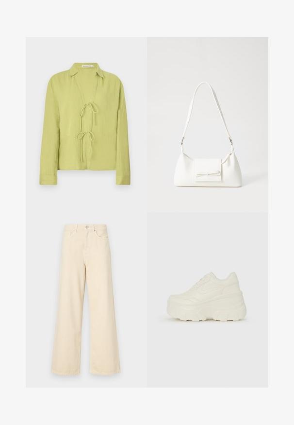 Camicia verde chiaro a maniche lunghe, realizzata in tessuto stropicciato. Presenta una parte anteriore senza bottoni con chiusura a nodo e un colletto.; Jeans beige a gamba larga in cotone. Caratterizzati da chiusura con bottone, passanti per cintura e tasche anteriori con una consistenza liscia e morbida.; Sneakers bianchi con piattaforma, caratterizzati da una parte superiore simile alla pelle liscia, forma arrotondata, collo imbottito e suola in gomma testurizzata con scanalature ben definite.; Borsa sintetica bianca a forma triangolare, con patta anteriore piatta e dettaglio a fiocco, tracolla regolabile, texture liscia e design minimalista.