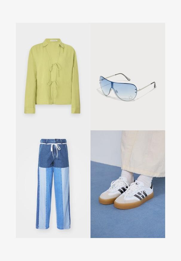 Gaiši zaļš, garām piedurknēm krekls, kas izgatavots no krekšķīgām auduma. Tam ir priekšpuse bez pogām, ar sasaistes aizdari un apkakles dizainu.; Zilā džinsa bikses ar pārlikuma dizainu, kas sastāv no dažādiem zilās krāsas toņiem, ar auklu jostu un brīvām, taisnām kājām.; Baltas sporta apavi ar melnām svītrām un beisīgo zamšādu akcentiem. Ievies struktūrētu gumijas zoli un izkārtotas baltas šnerves, valkāti ar gaišiem zeķēm.; Pilotstila saulesbrilles ar gradienta zilām lēcām, sudraba metāla rāmjiem un dekoratīvām zvaigžņu akcentiem uz lēcām. Gluda un eleganta dizaina.