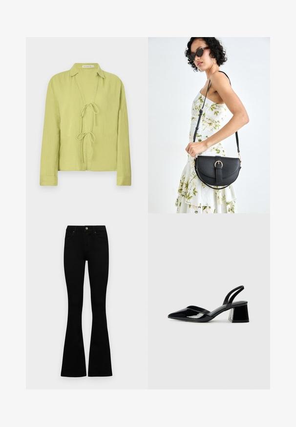 Light green, long-sleeve shirt made of crinkled fabric. Features a buttonless front with a tie closure and a collared neck design.; Black high-waist jeans with a button and zip closure, front pockets, and flared legs laid flat on a white background.; Black patent leather slingback heels with a pointed toe and a geometric block heel. Features a sleek, minimal design and smooth texture.; Black leather handbag with a curved shape, detachable strap, and gold hardware. The bag features a flap with a buckle detail.