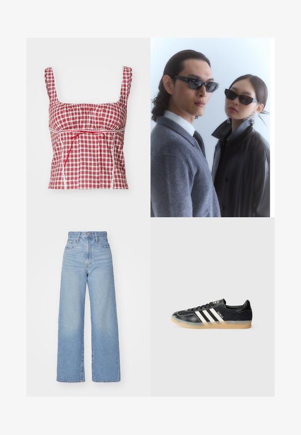Röd och vit rutigt tyg överdel med fyrkantig halsringning, rynkad design, justerbar röd knytning och vita spetsdetaljer längs kanterna.; Ljusblå högmidjade vida jeans med knapp- och dragkedjestängning, fram- och bakfickor, mot en vit bakgrund.; Svart atletisk sneakers med vita ränder, texturerad tyg, slät lädertå och en sula i gummi. Funkar med logotyp på tungan.; Solglasögon med kantiga svarta bågar på en modell med en grå tröja som visar upp en strukturerad stickad yta och en svart läderjacka som bärs av en annan modell.
