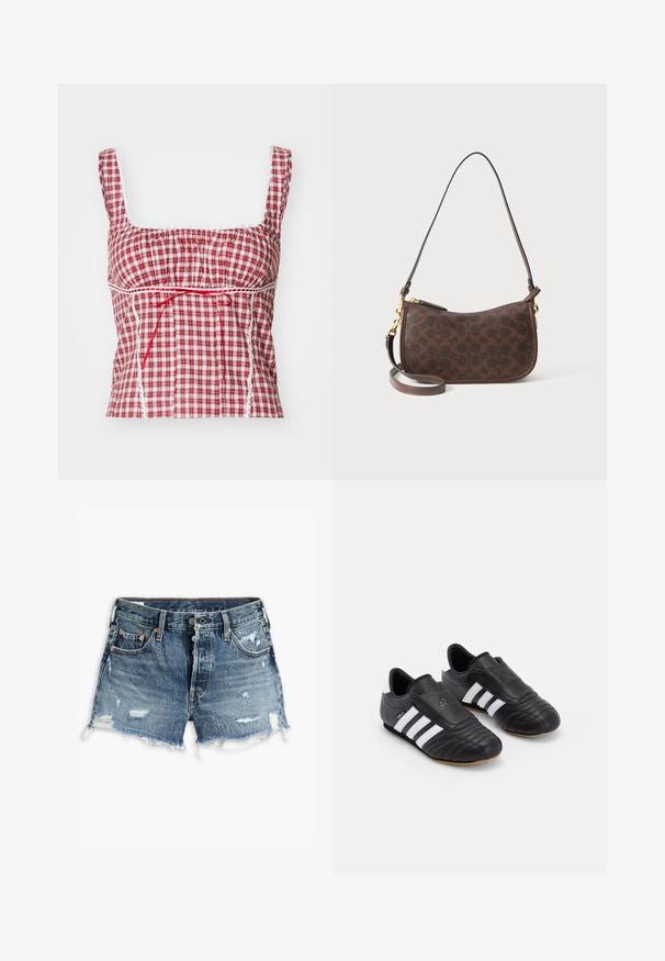 Červenobílý kostkovaný top s čtvercovým výstřihem, rozšířeným stylem, nastavitelným červeným vázáním a bílými krajkovými detaily podél okrajů.; Džínové šortky ve středně modré barvě s popraskaným materiálem, roztrženým lemem, pěti kapsami a měděnými kovovými prvky.; Černé fotbalové boty s texturovaným koženým svrškem, vybavené polstrovanou špičkou, třemi bílými pruhy po stranách a gumovou podrážkou.; Hnědá kožená taška přes rameno s kruhovým vzorem, zakřiveným siluetou, zlatými kovovými detaily a odnímatelným popruhem pro všestranné nošení.