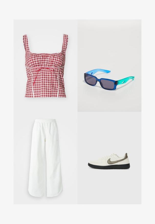 Raudonos ir baltos languotos medžiagos viršus su kvadratine iškirpte, surinkta konstrukcija, reguliuojama raudona juostelė ir baltos nėriniai kraštuose.; Balti sportiniai keliai su platėjančiomis kojomis, su įtemptu juosmeniu ir subtilia logotipo detale. Lygus audinys, laisvas kirpimas ir siaurėjantis apatinis kraštas.; Nike Sportswear FIELD GENERAL - Sportbačiai - off-white/black; Mėlynos ir žalios saulės akinių su stačiakampiais lęšiais; skaidrūs rėmeliai; tekstūruoti mėlyni akinių kojos; tamsūs lęšiai; pastebimas logotipas šone.