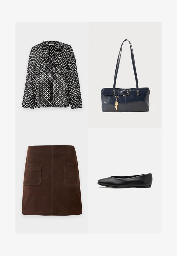 Black and white patterned shirt with a collar, front pockets, and buttons. Features a geometric crosshatch design on lightweight fabric.; Brown suede skirt featuring a classic A-line shape, two front pockets with rounded flaps, and subtle stitching details.; Paul Smith TOPANGA - Ballet pumps - black; Navy leather handbag with two long handles, a buckle detail, and a keychain attached. Features a smooth texture and a rectangular shape.