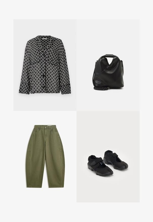 Zwart-witte shirt met patroon, met een kraag, voortzakken en knopen. Heeft een geometrisch kruislings ontwerp op een lichtgewicht stof.; Langarmige witte cropped t-shirt, gemaakt van zachte stof, heeft een ronde hals en een losse pasvorm met omgeslagen mouwen. Eenvoudig en strakke ontwerp.; Olijfgroene wijde broek van katoen, met een hoge taille, voorzakken en een zachte textuur. Geen versieringen of patronen.; Zwarte waterschoenen gemaakt van flexibel materiaal met een klittenbandsluiting, met een unieke gesplitste te ontwerpen en een rubberen zool met textuur voor grip.; Zwarte, zachte leren tas met een unieke gedraaide vorm. Voorzien van een korte handgreep en een afneembare schouderriem. Minimalistische stijl.