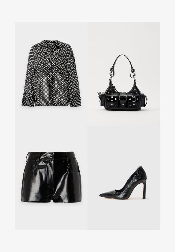 Czarna i biała koszula w wzory z kołnierzykiem, przednimi kieszeniami i guzikami. Charakteryzuje się geometrycznym wzorem krzyżykowym na lekkim materiale.; Czarne, błyszczące spodenki wykonane z materiału syntetycznego. Posiadają dopasowaną talię, szlufki na pasek oraz przednie kieszenie z wyraźnymi detalami stębnowania.; Czarne szpilki z ostrym noskiem, pokryte teksturą skóry krokodyla, charakteryzujące się eleganckim wzornictwem, wysokim obcasem w stylu stiletto oraz gładkim czarnym wnętrzem.; Czarna skórzana torebka w zakrzywionym kształcie, z srebrnymi ćwiekami, klamrą i dwoma bocznymi kieszeniami. Regulowany pasek umożliwiający różne opcje noszenia.